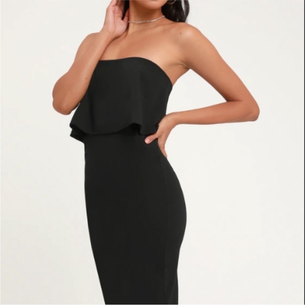 Strapless Black Ruffle Midi Dress